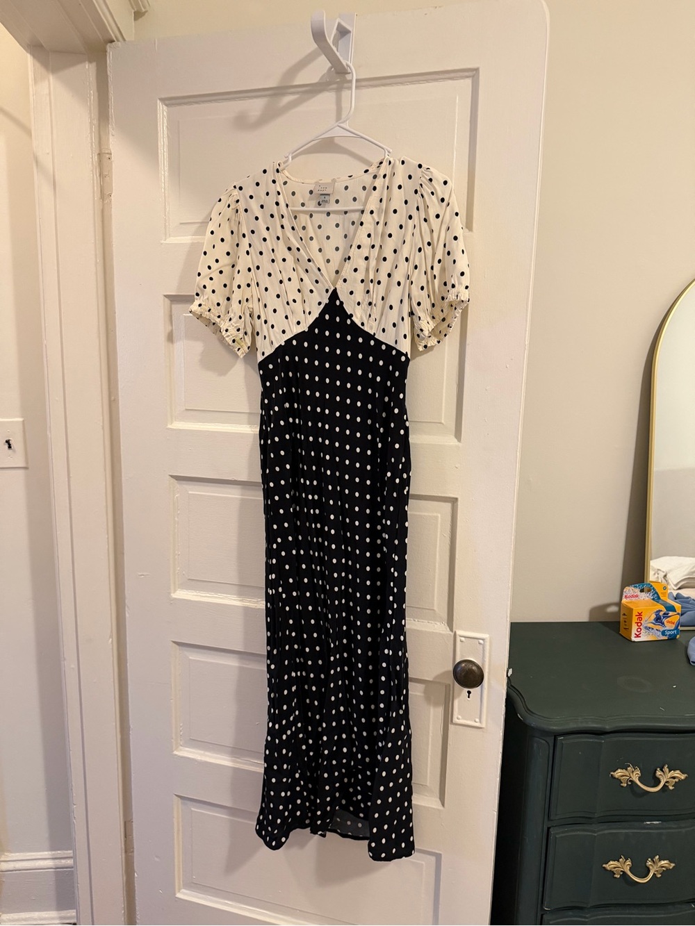 Polka Dot Two-Tone Midi Dress - Black & Cream